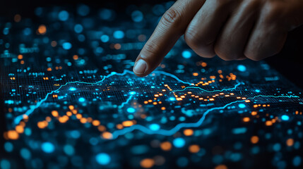 Business concept and finance investment analysis market chart cryptocurrency exchange A person points his finger at the chart