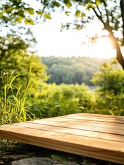 Fototapeta premium Serene Natural Setting with Wooden Plank and Sunlight Glimpse