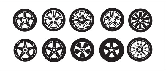 Car wheel set hand drawn illustration on white background. Car wheel icons, set auto tire, wheel tires and discs, car wheel silhouettes collection - vector