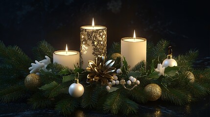 A festive holiday centerpiece with evergreen branches, white candles, and a touch of gold accents