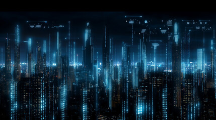 Futuristic Cityscape at Night with Neon Lights and Connectivity
