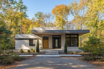 A front view of a modular modern home with a cubic structure and a flat roof, surrounded by mature trees.