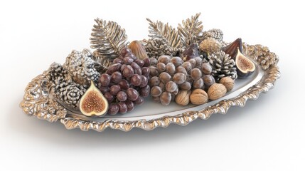 Silver platter with figs, grapes, nuts, and pine cones.