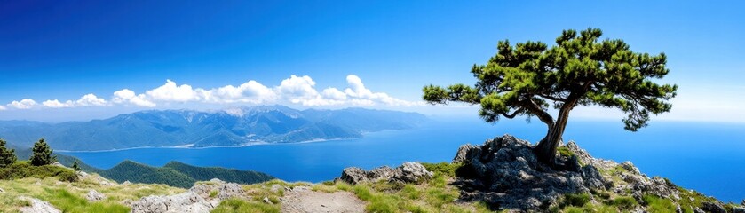 Obraz premium Scenic coastal view with a solitary tree and mountains against a clear blue sky.
