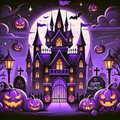 Haunted Halloween Artwork with Pumpkins and a Castle - Dark, Kid-Friendly Cartoon Style, High-Quality Image. Created with generative AI technology