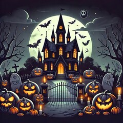 Haunted Halloween Artwork with Pumpkins and a Castle - Dark, Kid-Friendly Cartoon Style, High-Quality Image. Created with generative AI technology