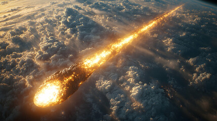 Fiery meteor blazing through Earth's atmosphere, leaving a glowing trail amidst clouds.