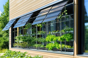 A high-tech home facade with solar adaptive louvers and a vertical hydroponic garden visible through the glass.