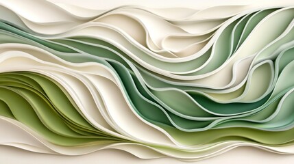 Obraz premium Abstract green and white wavy layered paper design.