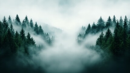 A foggy forest with trees in the middle of it