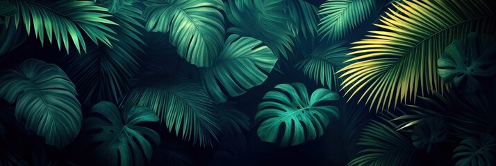 Lush green tropical leaves on a dark background, ideal for nature themes.