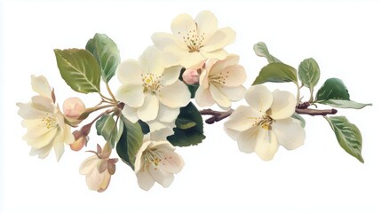 Watercolor illustration, white apple blossoms with soft pink buds and green leaves isolated on white background