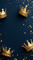 Epiphany Day or Dia de Reyes Magos concept. The gold crowns on blue bokeh background with star sparkling confetti. Copy space, free space for text