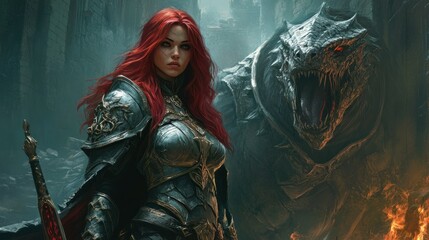 A red-haired warrior woman with a hood stands Beside her is a monster, background wallpaper AI generated image