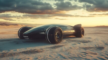 Futuristic black electric car on desert at sunset.