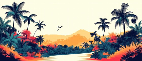 Tropical landscape with palm trees and mountains during sunset.