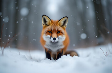 Fototapeta premium Curious Fox in a Snowy Forest with Falling Snowflakes