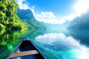 Obraz premium Scenic view from a canoe on a tranquil lake surrounded by lush mountains.
