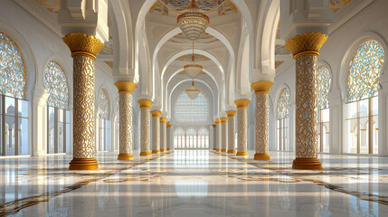 Luxurious Palace Mosque Interior with Golden Columns and Stained Glass
