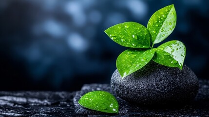 A green plant sitting on top of a black rock