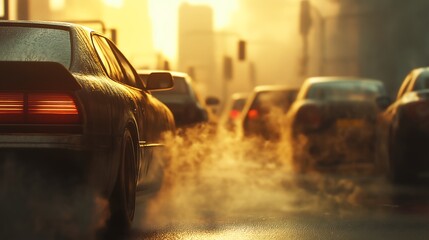 ar emitting exhaust in a traffic jam under a smog-filled sky, symbolizing the environmental impact of urban transportation.