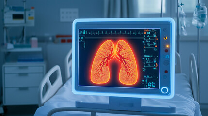 Pneumonia lungs hospitalization. Medical monitor displaying lung imaging in a hospital setting.