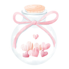 Watercolor Pink Hearts in Round Glass Jar with Ribbon