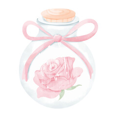Watercolor Rose in Round Glass Jar with Pink Ribbon
