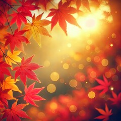 Red and yellow maple leaves in the corner of an autumn background with a soft light focus and bokeh effect. Created with generative AI technology