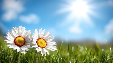 Two white daisies in a field of green grass with a blue sky in the background