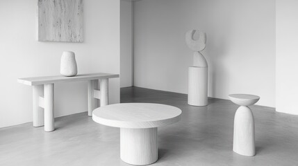 Minimalist modern white wooden furniture and sculptures in a bright room.