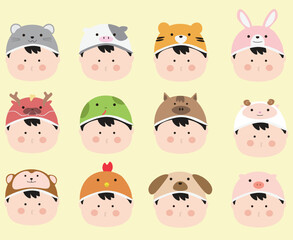 Adorable 12 Chinese Zodiac Animals with Kids' Faces  Vector Art