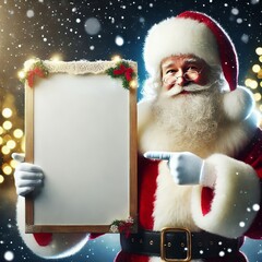Santa Claus Pointing to Empty Billboard with Snowfall and Bokeh Lights in the Background. Created with generative AI technology