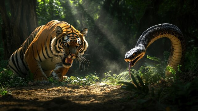 A tiger fighting a big snake that is preparing to attack background wallpaper AI generated image