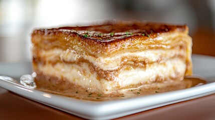 A piece of lasagna on a white plate on a table