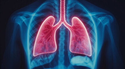 Pneumonia lungs hospitalization. Lung anatomy visualized in vibrant X-ray format.