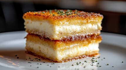 A stack of three pieces of food on a white plate