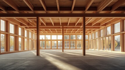 Spacious Modern Interior with Wooden Beams and Large Windows