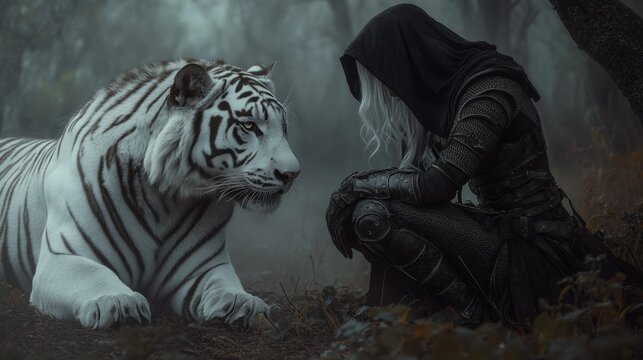 A female assassin knight, wearing dark armor and a hooded cloak, stands silently in a misty forest. Accompanied by a white tiger, background wallpaper AI generated image