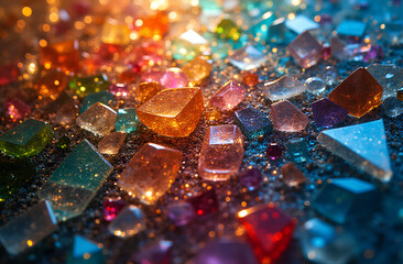 Fractured shards of glass in a kaleidoscope of colors, reflecting light from all angles