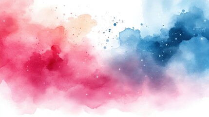 Obraz premium Abstract watercolor painting with red, pink, and blue hues, featuring a blend of colors and splatters.
