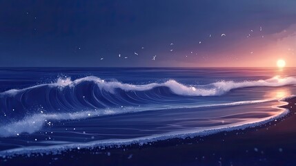 Fototapeta premium Serene Sunset Ocean Waves, Digital Painting of Tranquil Coastal Scene with Birds in Flight