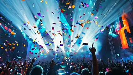 Colorful confetti falling from above, sparkling in the light as it drifts down over a vibrant stage. Music background - Powered by Adobe