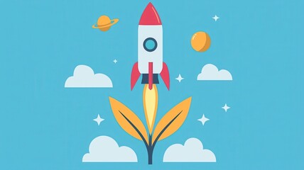 A colorful illustration of a rocket launching from a plant, symbolizing growth, innovation, and exploration in a whimsical, space-themed environment.