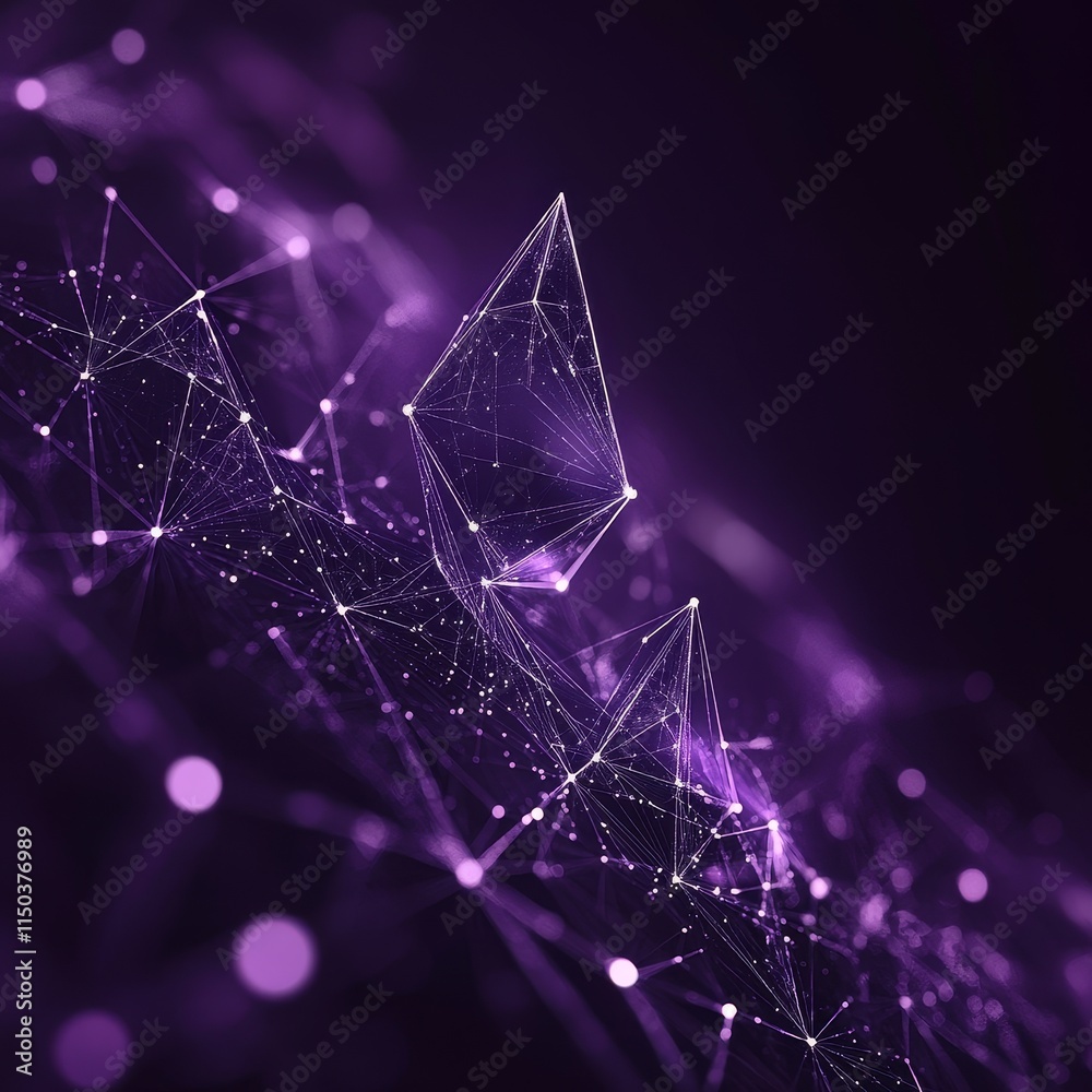 Poster intricate purple geometric network with triangular shapes and glowing particles creating a mesmerizi