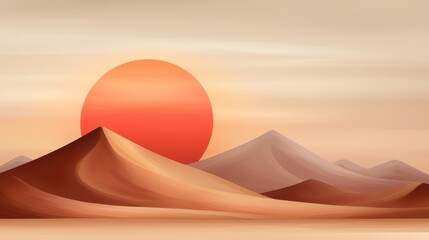 A desert landscape with mountains and a sunset