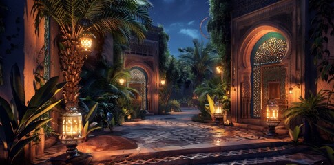 Obraz premium Abstract Islamic interior with lanterns, arches, doors and plants, blurred background. Ramadan Lantern. Background for Ramadan Kareem Greeting card, banner, wallpaper. 