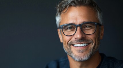 A middle-aged man with glasses displays confidence and warmth while smiling. The neutral gray background creates a calm atmosphere that enhances his cheerful demeanor.