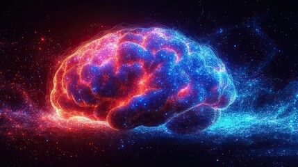 Brain connectivity in an abstract neon art illustration. Cerebral hemisphere for ideas and creative thinking. Intelligent network and anatomy for information processing. Graphic neuro pattern