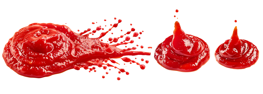 Set of red drops and splashes of ketchup or sauce on transparent background. PNG